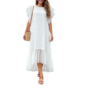 # A279  N By Nancy  Red Carpet Glam  White Maxi Dress Ruffle Tulle NWT S